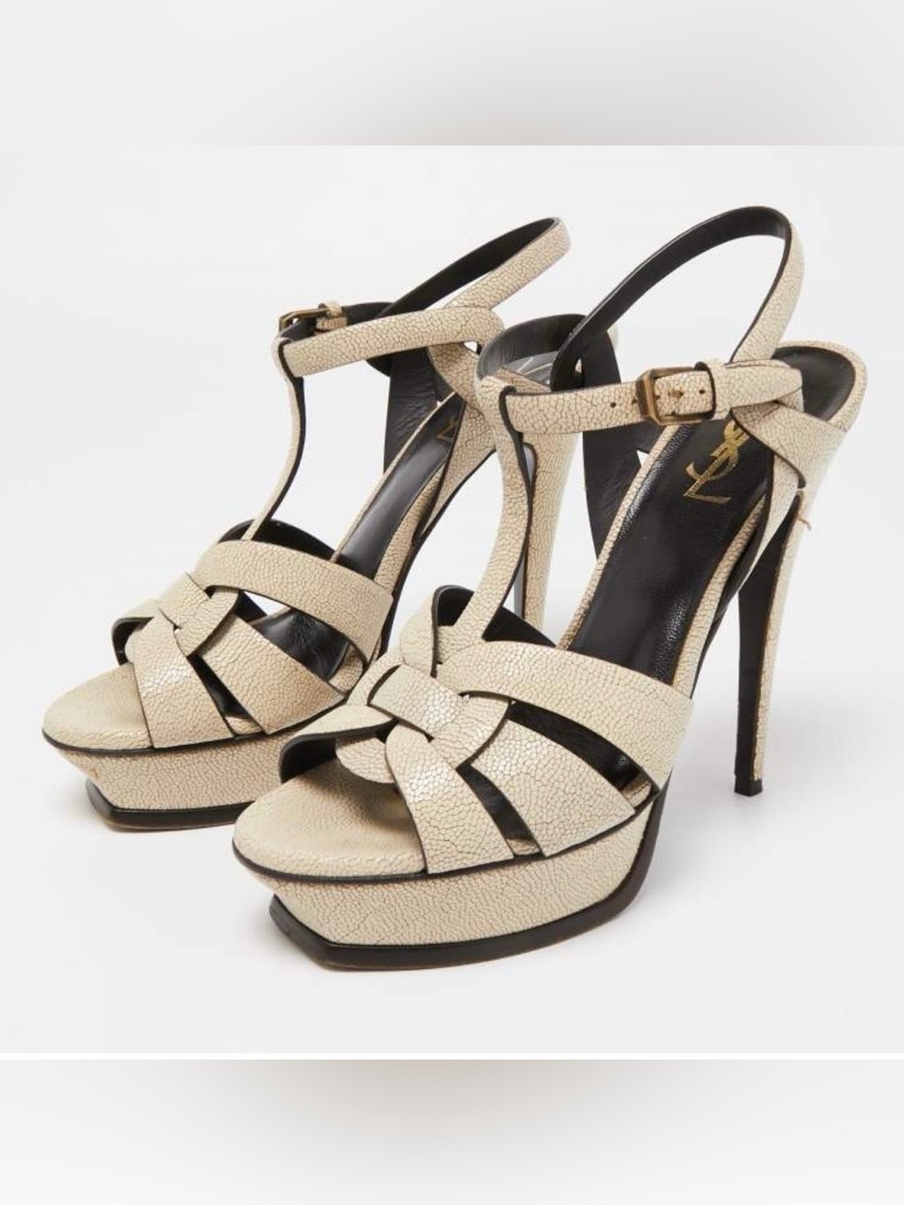 Saint Laurent Tribute Beige Leather T-Strap Platform Sandals